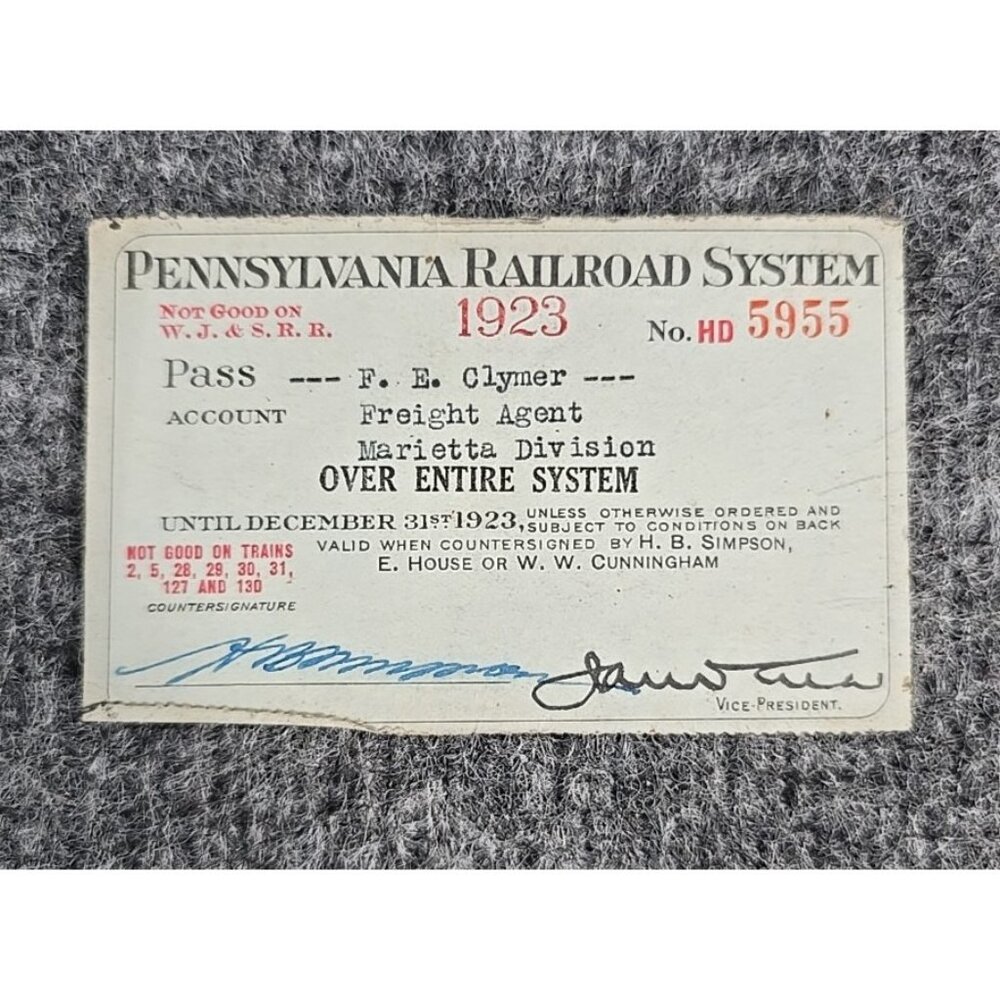 1923 Pennsylvania Railroad System Pass #HD5955 Paper Signed